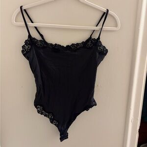 SKIMS Black Lace-Trim Stretch Bodysuit